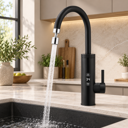Baterii Bucatarie - Baterie electrică instant pentru bucătărie, negru mat, afișaj digital, control tactil, 3400 W