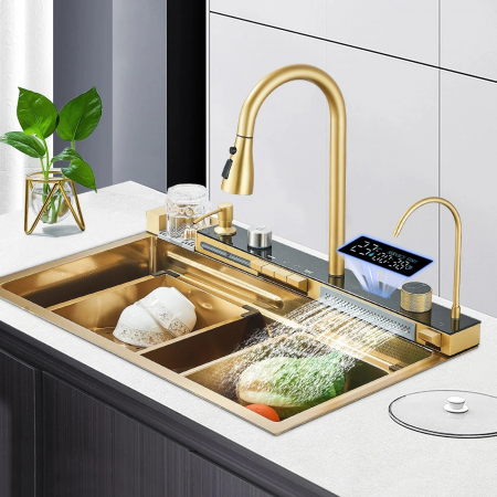 Chiuvete bucatarie - Chiuveta Multifuncționala Premium, din Otel Inoxidabil cu 2 cascade, jet spalare pahare, tocator din lemn natural si 2 cuve pentru spalat, Auriu Periat