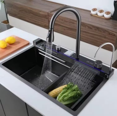Chiuvete bucatarie - Chiuveta  Premium cu Multiple functii,  baterie cu duș de pulverizare extractibil, 3 funcții de curgere, display digital, 2 cascade și baterie pentru apă purificată