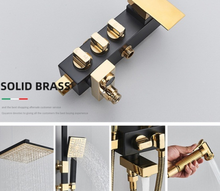 Coloana de dus cu para patrata 25 cm, negru mat cu auriu, efect de ploaie, 4functii [1]