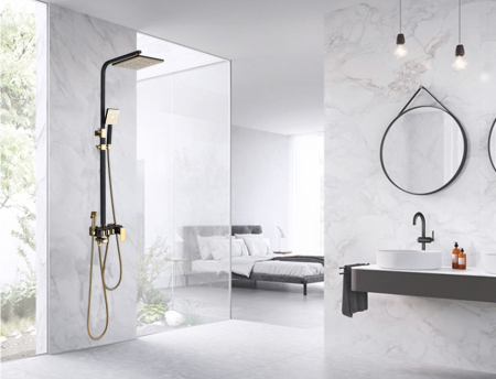 Coloana de dus cu para patrata 25 cm, negru mat cu auriu, efect de ploaie, 4functii [0]