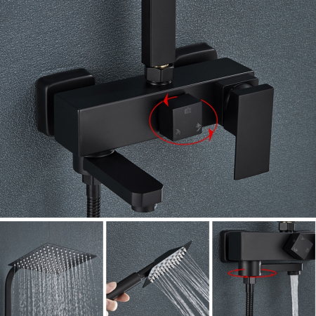 Coloana de dus cu para patrata 25 cm, negru mat, efect de ploaie, 3functii [5]