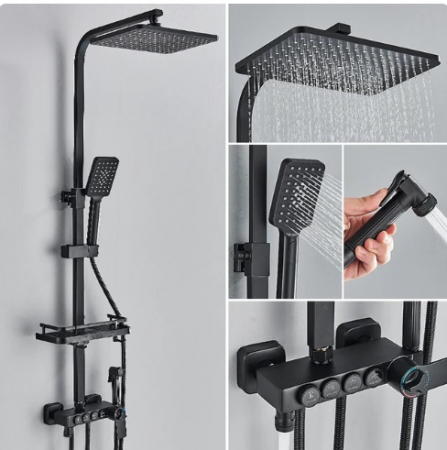 Coloane de Dus - Coloana de dus cu termostat, negru mat, cu efect de ploaie, 6 functii