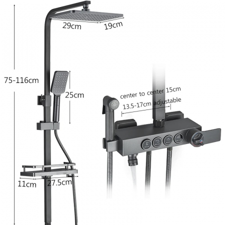 Coloana de dus cu termostat, negru mat, cu efect de ploaie, 6 functii [5]