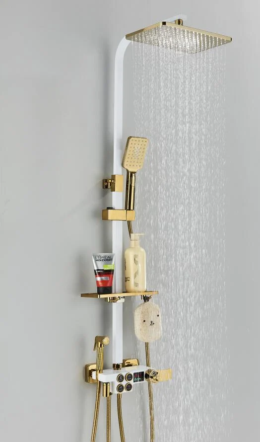 Coloana de dus cu termostat si afisaj, alb/auriu, cu efect de ploaie, 6 functii de curgere [0]