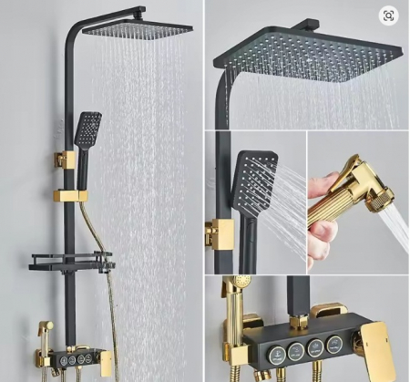 Coloana de dus cu termostat si afisaj, negru/auriu, cu efect de ploaie, 6 functii de curgere [1]