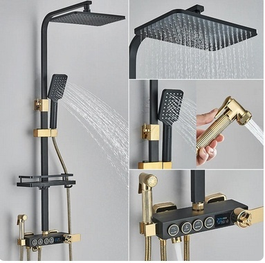 Coloana de dus cu termostat si afisaj, negru/auriu, cu efect de ploaie, 6 functii de curgere [1]