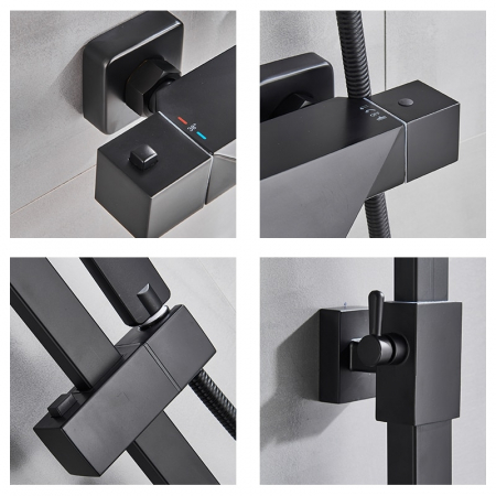 Coloana Dus cu termostat, para patrata si efect de ploaie, negru mat [1]