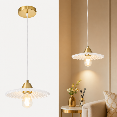 Corpuri de Iluminat Interior - Pendul auriu cu abajur alb plisat E27