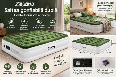 Saltele & Produse Gonflabile - Saltea gonflabilă dublă ZEARNA 203x152x40 cm cu pompă electrică verde