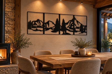 Decoratiuni Interioare - Set 4 tablouri metalice Peisaj Montan cu Pădure – Negru Mat
