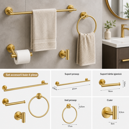 Accesorii baie - Set accesorii baie 4 piese auriu periat