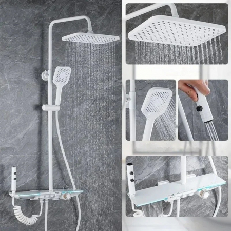 Coloane de Dus - Set de Dus , Termostatat, Montare pe Perete, Cu Cap de Dus Reglabil 80-115 cm, Afisaj LED cu Temperatura, Iluminare Ambianta Colorata, Buton pentru Moduri Multiple, pentru Apa Calda si Rece, Alb
