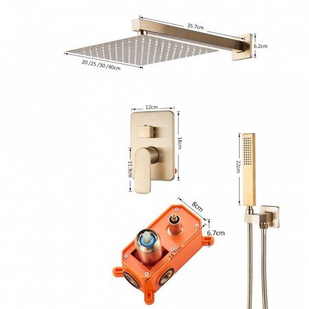 Sistem de dus incastrat auriu nichelat, para patrata 40cm cm, doua functii de curgere a apei [3]