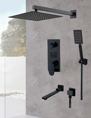 Sisteme de Dus Incastrate - Sistem de dus incastrat cu para patrata de 40-30-25-20cm, negru mat, 3 functii de curgere cu termostat pentru reglarea temperaturii apei