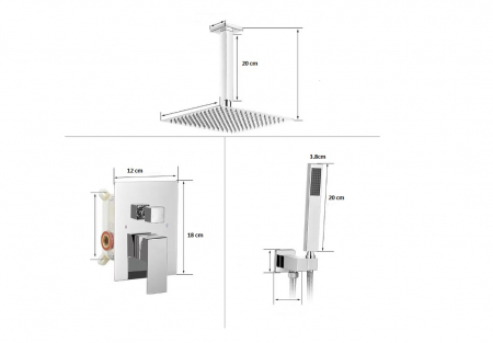 Sistem de dus incastrat in tavan cu para patrata de 40cm, crom, 2  functii de curgere a apei [4]