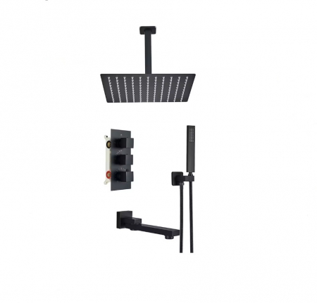 Sisteme de Dus Incastrate - Sistem de dus incastrat in tavan, termostatic, negru mat 50x50