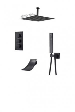 Sistem de dus incastrat in tavan, termostatic, negru mat, tip cascada, 30X30