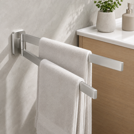 Accesorii baie - Suport dublu rotativ pentru prosoape argintiu periat 43,5 cm
