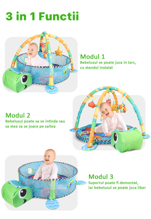 Centru de activitati 3in1 Vichema®, Saltea de joaca si Tarc cu Arcada pentru copii si Bebelusi, 5 Jucarii Senzoriale , piscina cu 20 de bile Multicolor , Capison de depozitare bile, model Broasca Test [5]