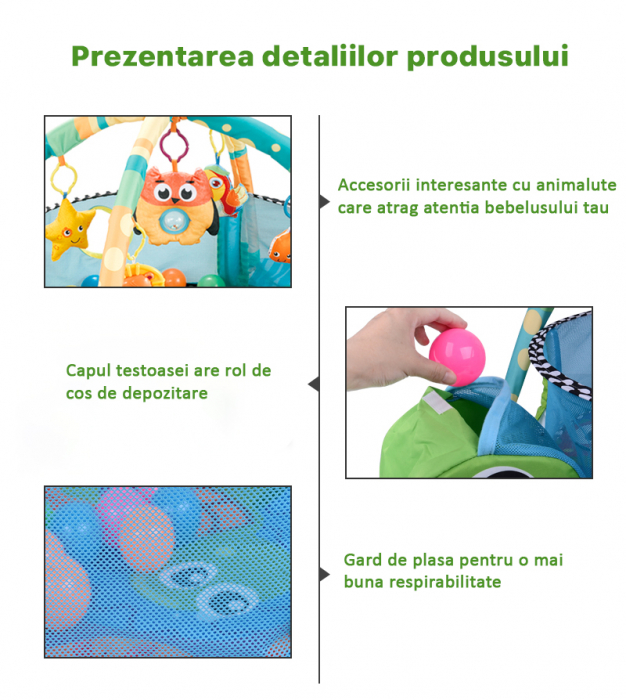 Centru de activitati 3in1 Vichema®, Saltea de joaca si Tarc cu Arcada pentru copii si Bebelusi, 5 Jucarii Senzoriale , piscina cu 20 de bile Multicolor , Capison de depozitare bile, model Broasca Test [6]