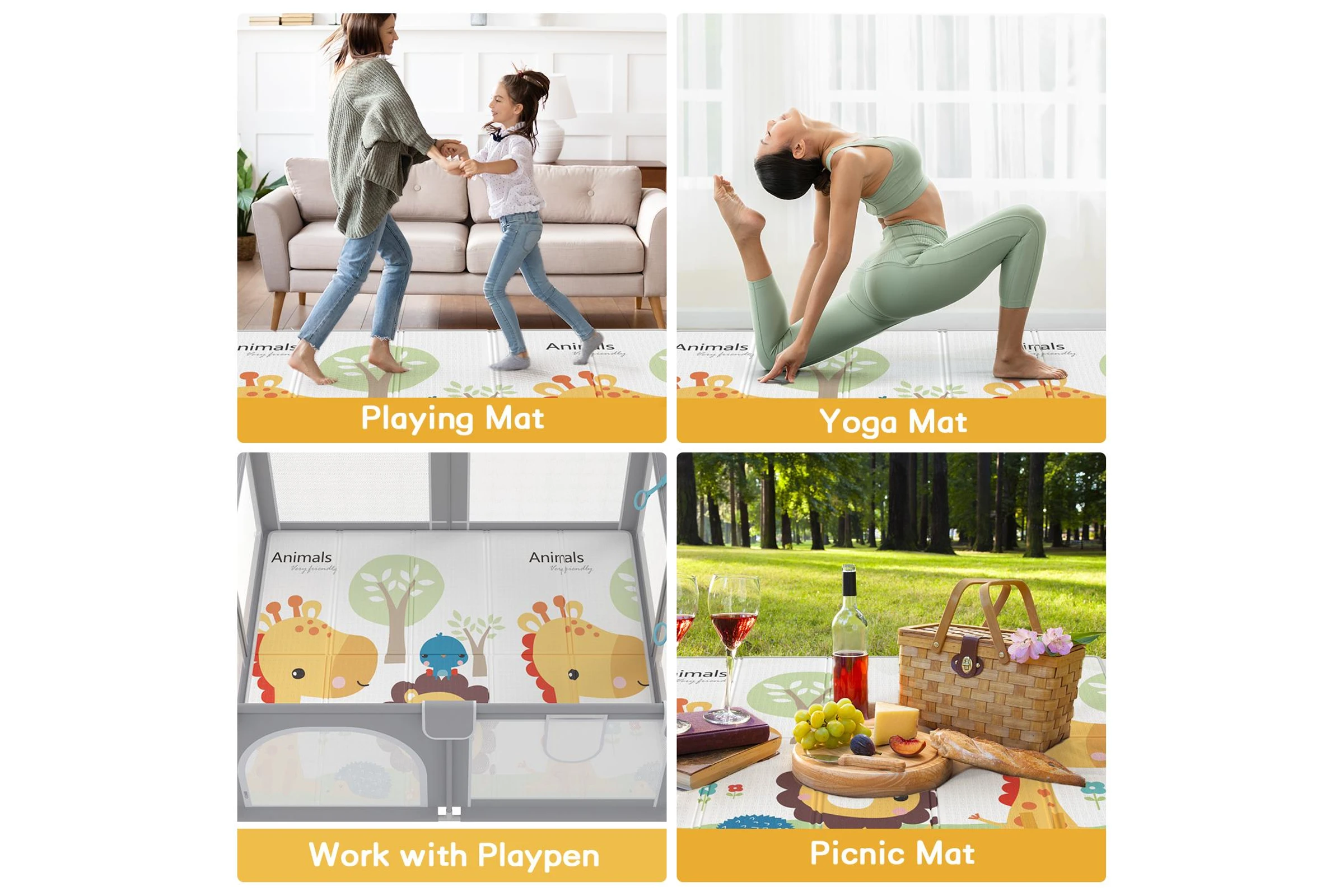 Covor de joaca pentru copii XXL, VichemaToys, 200x180x1 cm, 2 fete, galben multicolor [7]