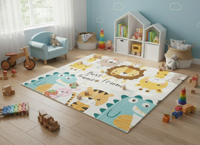 Covor de joaca termic pentru copii XXL, 200x180x1.5 cm, Material XPE de inalta densitate, 2 fete, Pliabil, Impermeabil, non-toxic, Ecologic, Antialunecare, Animale Izolant, Interactiv si [2]