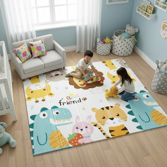 Covor de joaca termic pentru copii XXL, 200x180x1.5 cm, Material XPE de inalta densitate, 2 fete, Pliabil, Impermeabil, non-toxic, Ecologic, Antialunecare, Animale Izolant, Interactiv si [5]