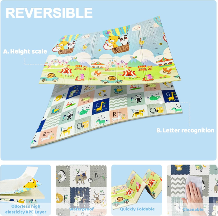 Covor de joaca termic pentru copii XXL, 200x180x1cm, Material XPE de inalta densitate, 2 fete, Pliabil, Impermeabil, non-toxic, Ecologic, Antialunecare, Izolant, Interactiv si educativ [11]