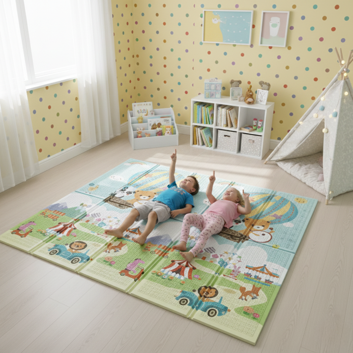 Covor de joaca termic pentru copii XXL, 200x180x1cm, Material XPE de inalta densitate, 2 fete, Pliabil, Impermeabil, non-toxic, Ecologic, Antialunecare, Izolant, Interactiv si educativ [2]