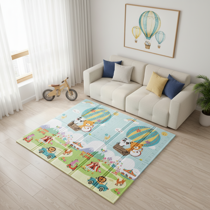 Covor de joaca termic pentru copii XXL, VichemaToys®, 200x180x1.5 cm, Material XPE de inalta densitate, 2 fete, Pliabil, Impermeabil, non-toxic, Ecologic, Antialunecare [7]