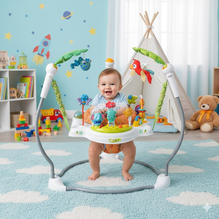 Saritor pentru copii cu Centru de Activitati Vichema®, Baby Jumper, Scaun rotativ 360°, 3 trepte de inaltime, Sunete, Lumini, Accesorii, ALB, 6 luni+ [4]