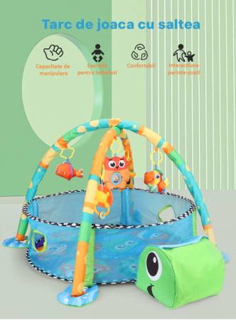 Centru de activitati 3in1 Vichema®, Saltea de joaca si Tarc cu Arcada pentru copii si Bebelusi, 5 Jucarii Senzoriale , piscina cu 20 de bile Multicolor , Capison de depozitare bile, model Broasca Test [3]