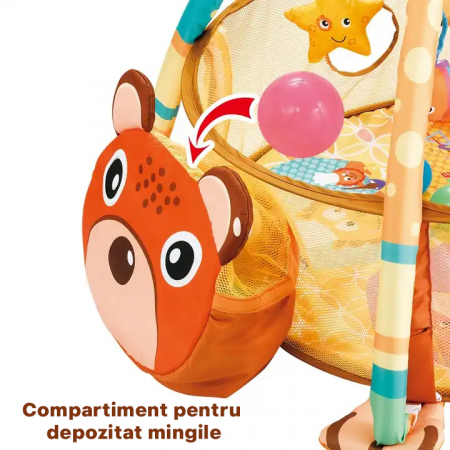 Centru de activitati 3in1 Vichema®, Saltea de joaca si Tarc cu Arcada pentru copii si Bebelusi, 5 Jucarii Senzoriale, piscina cu 20 de bile Multicolor, Capison de depozitare bile, model Ursulet, Educa [2]