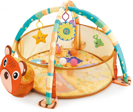 Centre de activitati - Centru de activitati 3in1 Vichema®, Saltea de joaca si Tarc cu Arcada pentru copii si Bebelusi, 5 Jucarii Senzoriale, piscina cu 20 de bile Multicolor, Capison de depozitare bile, model Ursulet, Educa