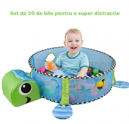 Centru de activitati 3in1 Vichema®, Saltea de joaca si Tarc cu Arcada pentru copii si Bebelusi, 5 Jucarii Senzoriale , piscina cu 20 de bile Multicolor , Capison de depozitare bile, model Broasca Test [1]