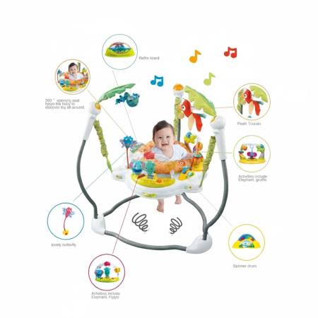 Saritor pentru copii cu Centru de Activitati Vichema®, Baby Jumper, Scaun rotativ 360°, 3 trepte de inaltime, Sunete, Lumini, Accesorii, ALB, 6 luni+ [1]