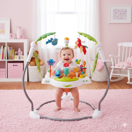 Saritor pentru copii cu Centru de Activitati Vichema®, Baby Jumper, Scaun rotativ 360°, 3 trepte de inaltime, Sunete, Lumini, Accesorii, ALB, 6 luni+ [2]