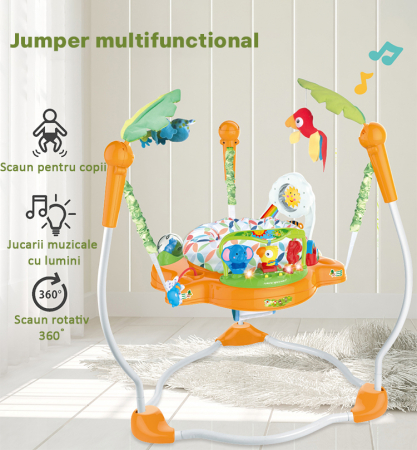 Saritor pentru Copii  cu Centru de Activitati, Vichema®, Baby Jumper,  Scaun rotativ 360°, 3 trepte de inaltime, Sunete, Lumini, Accesorii atractive, Orange, 6 luni+ [2]