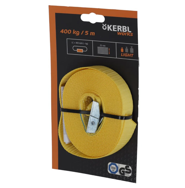 Sárga rögzítőheveder fém gyorscsattal – 5 m × 25 mm, 400 kg [3]