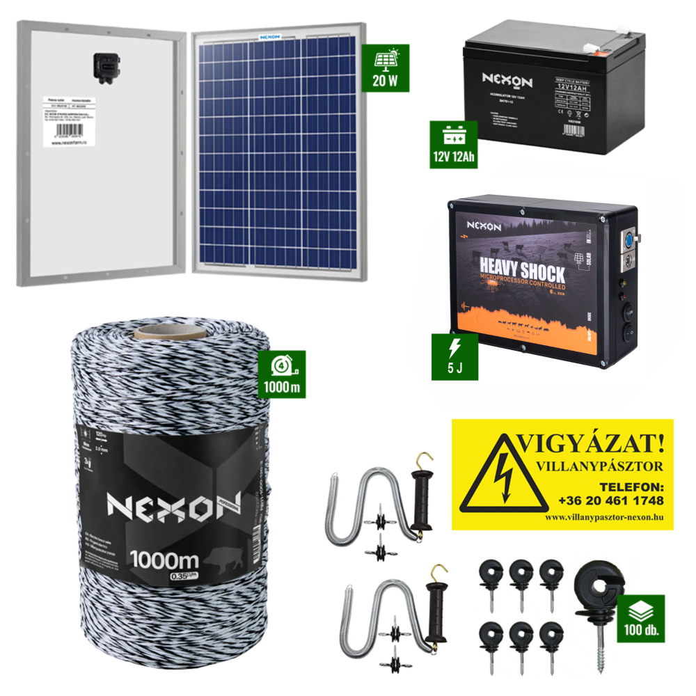 NEXON Villanypásztor csomag HeavyShock 6-ik Generációs – 5J erősségű készülékkel + 1000m zsinór 120Kg szakítószilárdság + Napelem 30W + akkumulátor 12Ah [1]