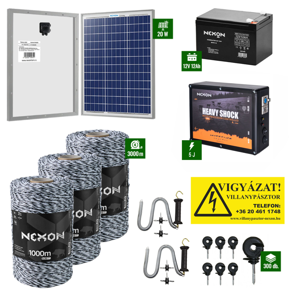 NEXON Villanypásztor csomag HeavyShock 6-ik Generációs – 5J erősségű készülékkel + 3000m zsinór 120Kg szakítószilárdság + Napelem 30W + akkumulátor 12Ah [1]