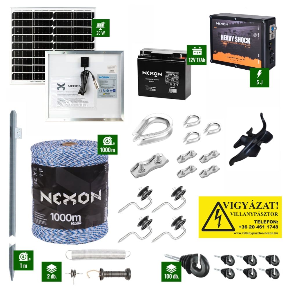 Villanypásztor csomag NEXON 6-ik Generációs HeavyShock 5J + 1000m zsinór 90Kg + Napelem 20W + akkumulátor 18Ah [1]
