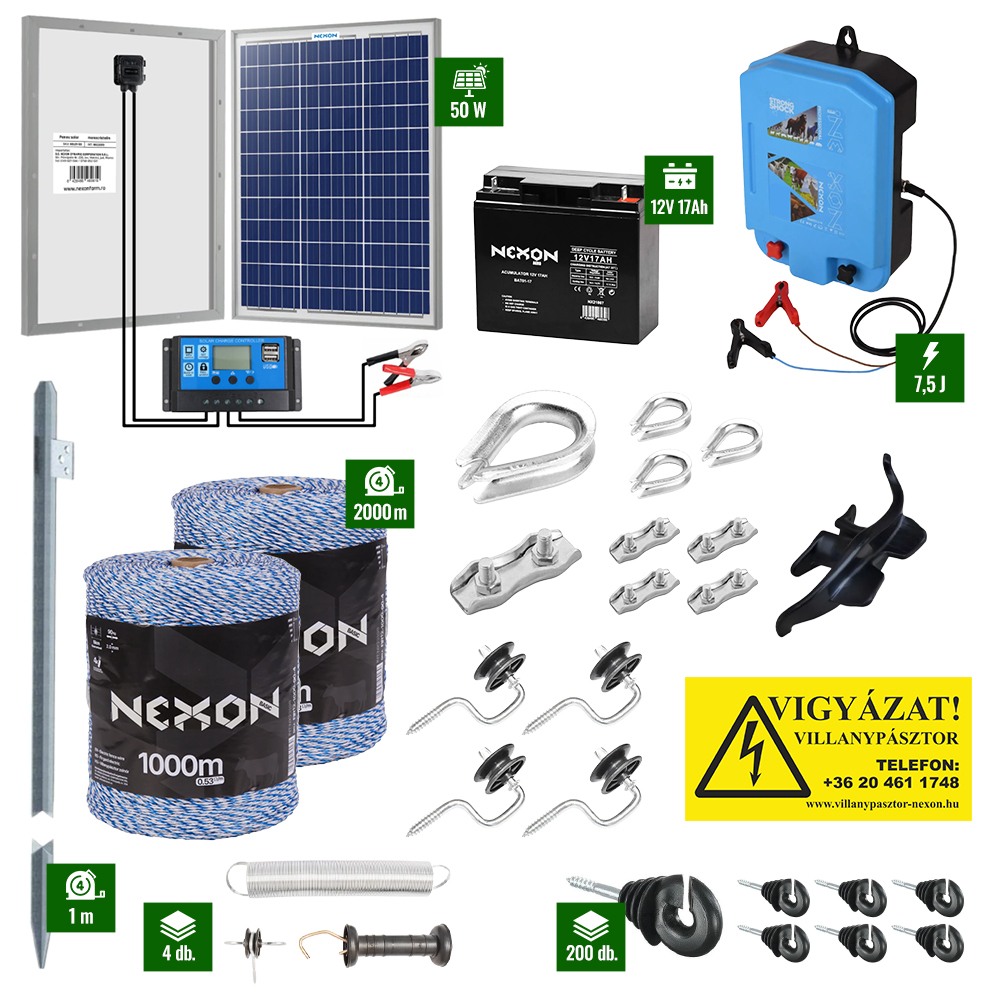 Villanypásztor csomag NEXON StrongShock 10J + 2000m zsinór 90Kg + Napelem 50W + akkumulátor 17Ah [1]