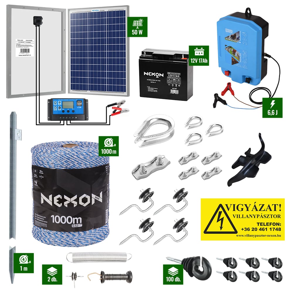 Villanypásztor csomag NEXON StrongShock 6,6J + 1000m zsinór 90Kg + Napelem 50W + akkumulátor 17Ah [1]