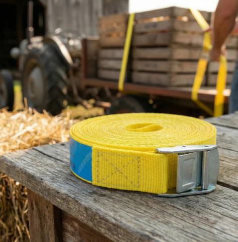Bálázáshoz - Sárga rögzítőheveder fém gyorscsattal – 5 m × 25 mm, 400 kg