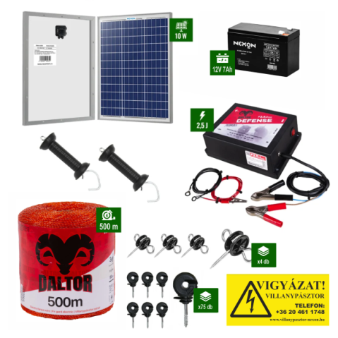 Kistestű állatok - Napelemes Daltor 2,5J erősségű villanypásztor csomag 500m vezetékkel és akkumulátorral