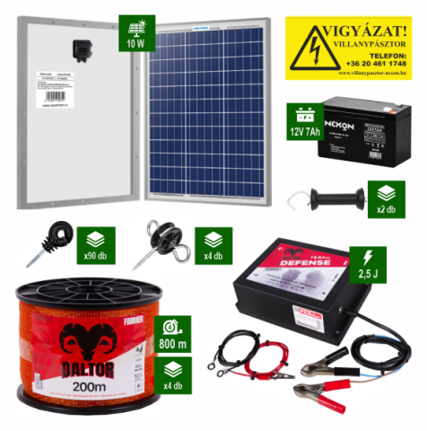 Kutyák - DALTOR Defense 2,5J villanypásztor szett 800 m szalaggal, napelemmel és akkumulátorral