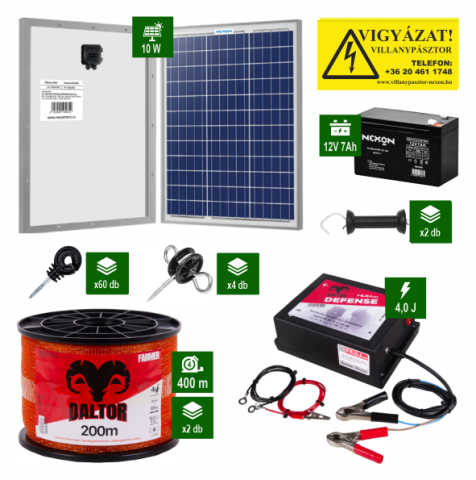 Kistestű állatok - DALTOR Defense 4J villanypásztor szett 400 m szalaggal, napelemmel és akkumulátorral