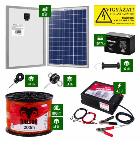 Kistestű állatok - DALTOR Defense 4J villanypásztor szett 800 m szalaggal, napelemmel és akkumulátorral